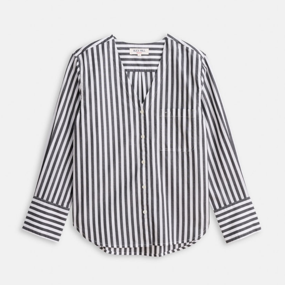 Crosby V-Neck Shirt In Striped Cotton Poplin
